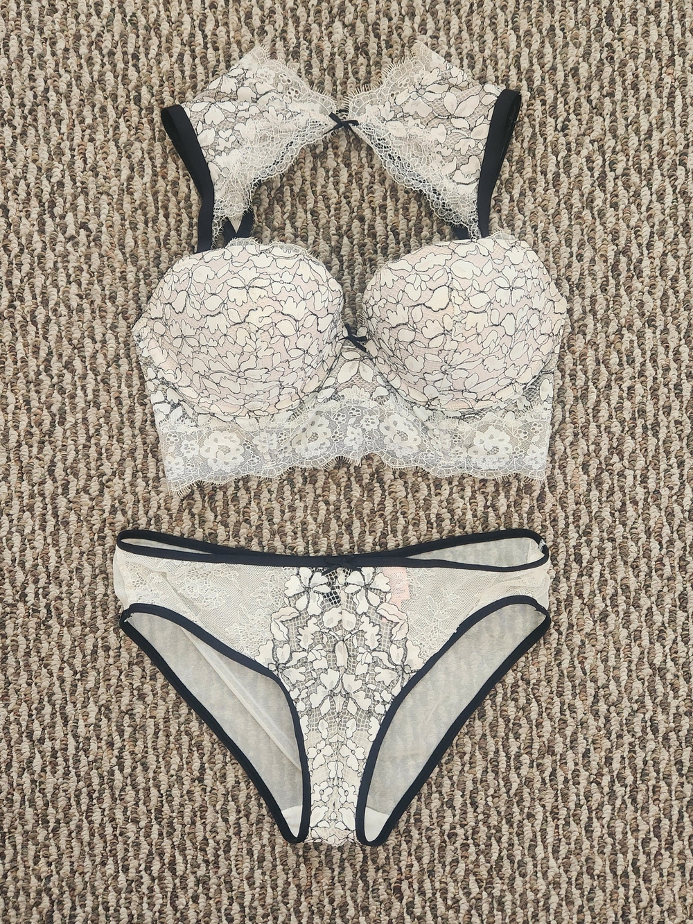 Lace Overlay Padded Bralette and Bikini Set - Cream with Black Trim